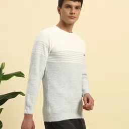 canblar Men Self Design Round Neck Grey, White Sweater image 3