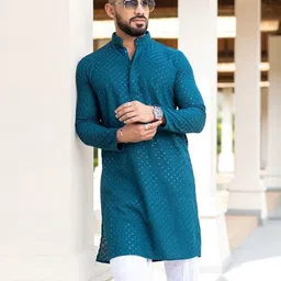 lazzly Men Printed, Chikan Embroidery Viscose Rayon Straight Kurta image 1