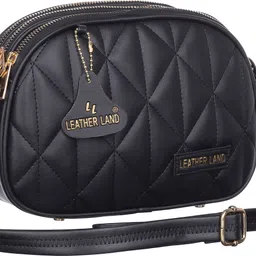 leather land Black, Gold Women Sling Bag 3 ZIPPER sling in Coal Black image 3