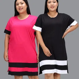 christy world Pack of 2 Women Colorblock Round Neck Pure Cotton Multicolor T-Shirt-picture-14