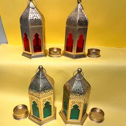moroccanlantern Moroccan lantern candle holder for Diwali decorative ,T-Light Candle Holder Gold, Multicolor Metal Table Lantern image 5