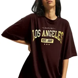 leotude Women Printed Round Neck Cotton Blend Brown T-Shirt image 1