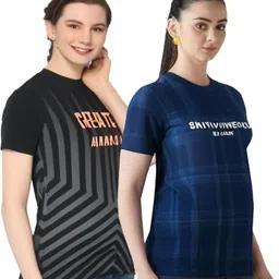 shaun Pack of 2 Women Self Design Round Neck Polyester Multicolor T-Shirt image 3