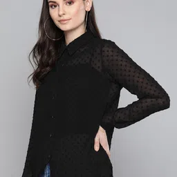 sassafras Women Regular Fit Self Design Curved Collar Casual Shirt image 2