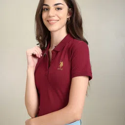 u.s. polo assn. Women Solid Polo Neck Cotton Blend Red T-Shirt-picture-12