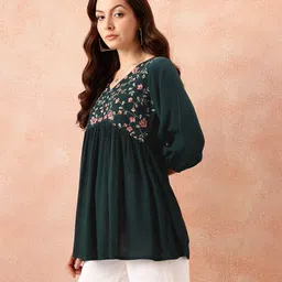 all about you Casual Regular Sleeves Embroidered Women Dark Green, Pink Top image 1