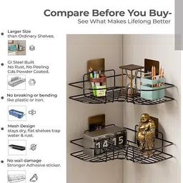 pitradev (Pack of 2 Self-Adhesive Shelf/Storage Organizer for Bathroom and Kitchen Corner Stainless Steel Wall Shelf image 5