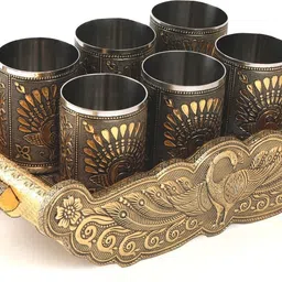 navrang Serving Tray Set Embossed Peacock Design Glass Tray Set image 4