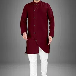 crystalrevenue Men Solid Cotton Blend Straight Kurta image 3