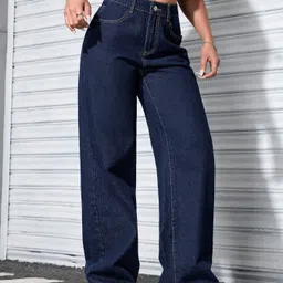 denim look Women Flared High Rise Dark Blue Jeans image 5