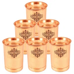 indianartvilla (Pack of 6) Pure Copper Glass With Lid, Plain Design For Water Storage, 300 ML Glass Water/Juice Glass image 1
