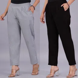 venitywave Pack of 2 Women Regular Fit Grey, Black Pure Cotton Trousers image 1