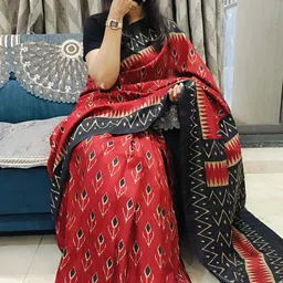 mohur trends Digital Print, Floral Print, Blocked Printed Ikkat Mulmul Saree-picture-29