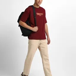 gespo Men Printed Round Neck Pure Cotton Maroon T-Shirt image 4