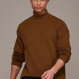 roadster Men Checkered Turtle Neck Brown Sweater-picture-18