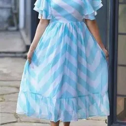 fashion2wear Women Fit and Flare Light Blue, White Midi/Calf Length Dress-picture-23