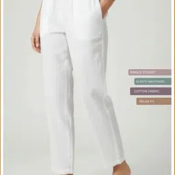 Women Relaxed, Loose Fit White Cotton Blend Trousers-image-30
