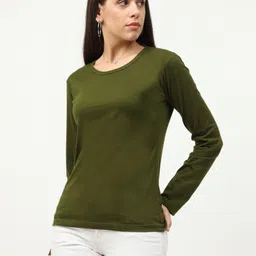 fleximaa Womens Round Neck Full Sleeve Tshirt Women Solid Round Neck Pure Cotton Green T-Shirt image 4