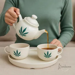 merakiware Pack of 4 Ceramic Tea Set With Two Cups One Kettle & Tray White Marble With Leaf Painting image 5