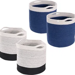 homestic Cotton Pack of 4 Laundry Basket for Clothes & Living Room | 18 Inch Rope -Blue & Black Storage Basket-picture-14