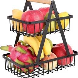 rose kuli Metal 2 Tier Fruit Bread Basket with Wooden Top Handle for Home Kitchen Iron, Wooden Fruit & Vegetable Basket-picture-12