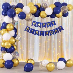 Blue Gold and White Birthday Decoration With Net Curtain and Light-image-30