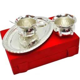 smiles gift Silver Plated 2 Handi Bowl | 2 Spoon With Tray | Box & Bag | For Kitchen Home Bowl Serving Set image 2