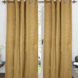 saral home Gold Polyester And Chenille Solid 7 Ft Light Filering Eyelet 2 Door Curtains-picture-15