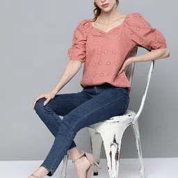 sassafras Casual Puff Sleeves Solid Women Pink Top image 4