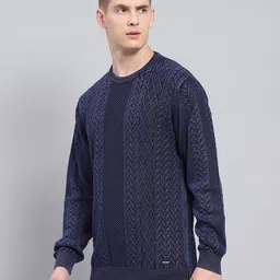 monte carlo Men Self Design Round Neck Blue Sweater image 2