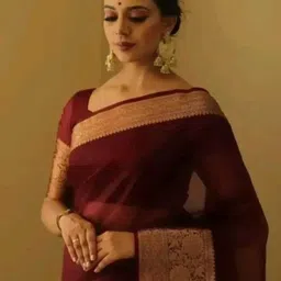 ss sarees Solid/Plain, Woven, Striped Banarasi Organza Saree image 1