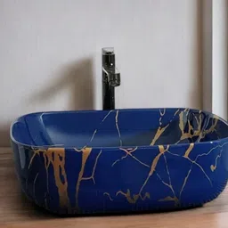 delta Premium Designer Ceramic Wash Basin(1053 Blue) with Waste Pipe & Coupling set (18x13x5)(1053 Blue Dual) Table Top Basin image 2