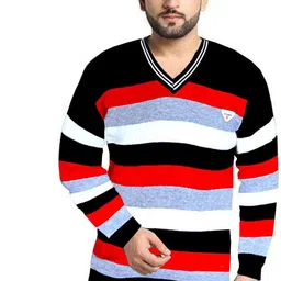 kesardesign Men Striped V Neck Multicolor Sweater image 1