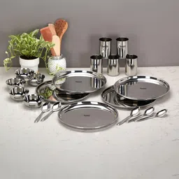 sumeet Pack of 20 Stainless Steel Stainless Steel Heavy Dinner set-20 Pcs (5 Plate,5 Bowl,5 Glass,5 Spoon) Silver Dinner Set-picture-29