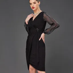 miss chase Women Wrap Black Knee Length Dress image 4