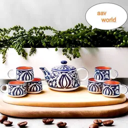 llaxmi creation Pack of 7 Ceramic blue mughal Tea set with kettle with cup-picture-19