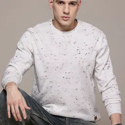 roadster Men Self Design Round Neck White Sweater-picture-13