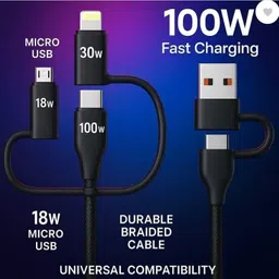 PRODART USB Type C Cable 6.5 A 1 m OEM 6-in-1 Multi Charging Cable | USB-A & USB-C to Type-C, Lightning & Micro USB | Universal Charging | Braided Strong Cable-picture-25