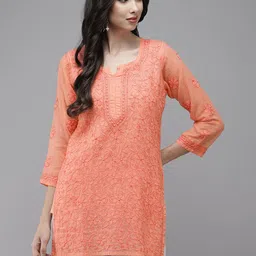 ADA Peach-Coloured Hand Embroidered Chikankari Kota Handloom Kurti With Matching Slip-image-39