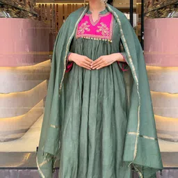 GoSriKi Floral Yoke Design Pleated Sequinned A-Line Kurta With Trousers & Dupatta-picture-16