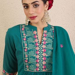 Indo Era Floral Embroidered Thread Work Pure Cotton Kurta with Trousers & Dupatta-picture-37
