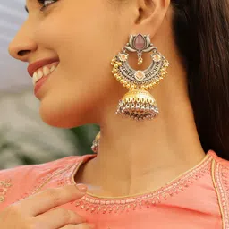 Rubans Silver & Gold Dual-Plated Oxidised Long Lotus Motif Pink Stone Jhumka Earrings-image-38