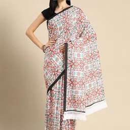 BUTA BUTI Abstract Printed Pure Cotton Saree With Unstitched Blouse And Lace-picture-38