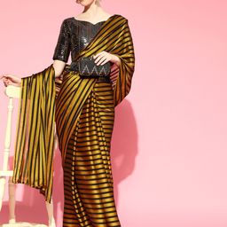 Saree mall Yellow Striped Poly Georgette Party Wear Saree with Matching Blouse-picture-41