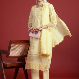 Indo Era Floral Embroidered Thread Work Pure Cotton Kurta With Trousers & Dupatta-picture-37