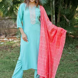 Libas Floral Yoke Design Regular Sequinned Kurta with Trousers  Dupatta-image-10