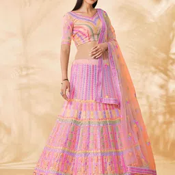 Fusionic Pink & Blue Embroidered Semi-Stitched Lehenga & Unstitched Blouse With Dupatta image 2