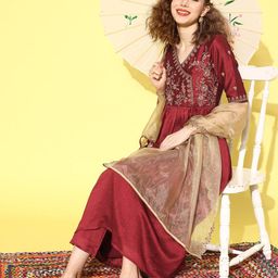 Sangria Women Floral Embroidered Angrakha Kurta with Trousers & With Dupatta-picture-4