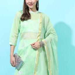 Vishudh Green Floral Printed Mandarin Collar Straight Kurta with Trousers & Dupatta-picture-13