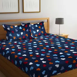 KLOTTHE Navy Blue & Red Floral Woolen 300 TC King Bedsheet With 2 Pillow Covers-image-37